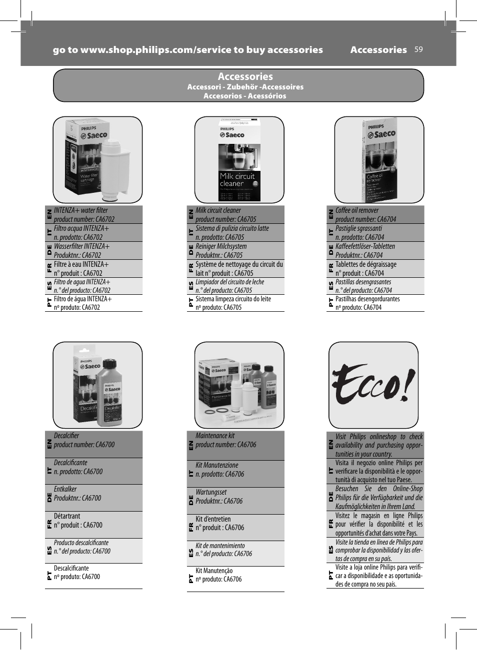 Accessories | Philips Saeco Intelia Evo Kaffeevollautomat User Manual | Page 59 / 60
