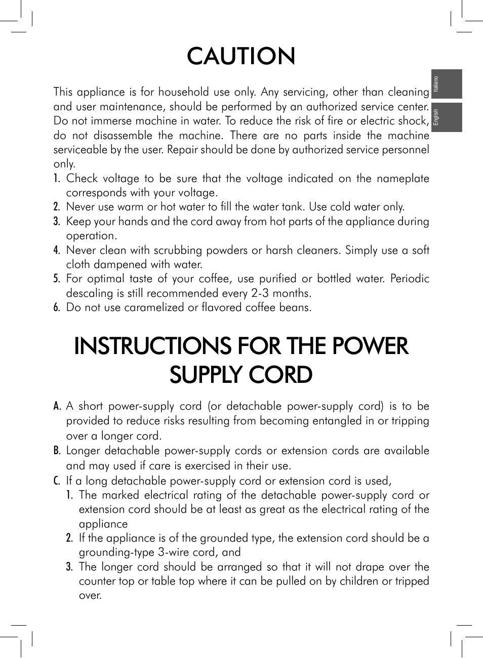 Caution, Instructions for the power supply cord | Philips Saeco Intelia Evo Kaffeevollautomat User Manual | Page 7 / 60
