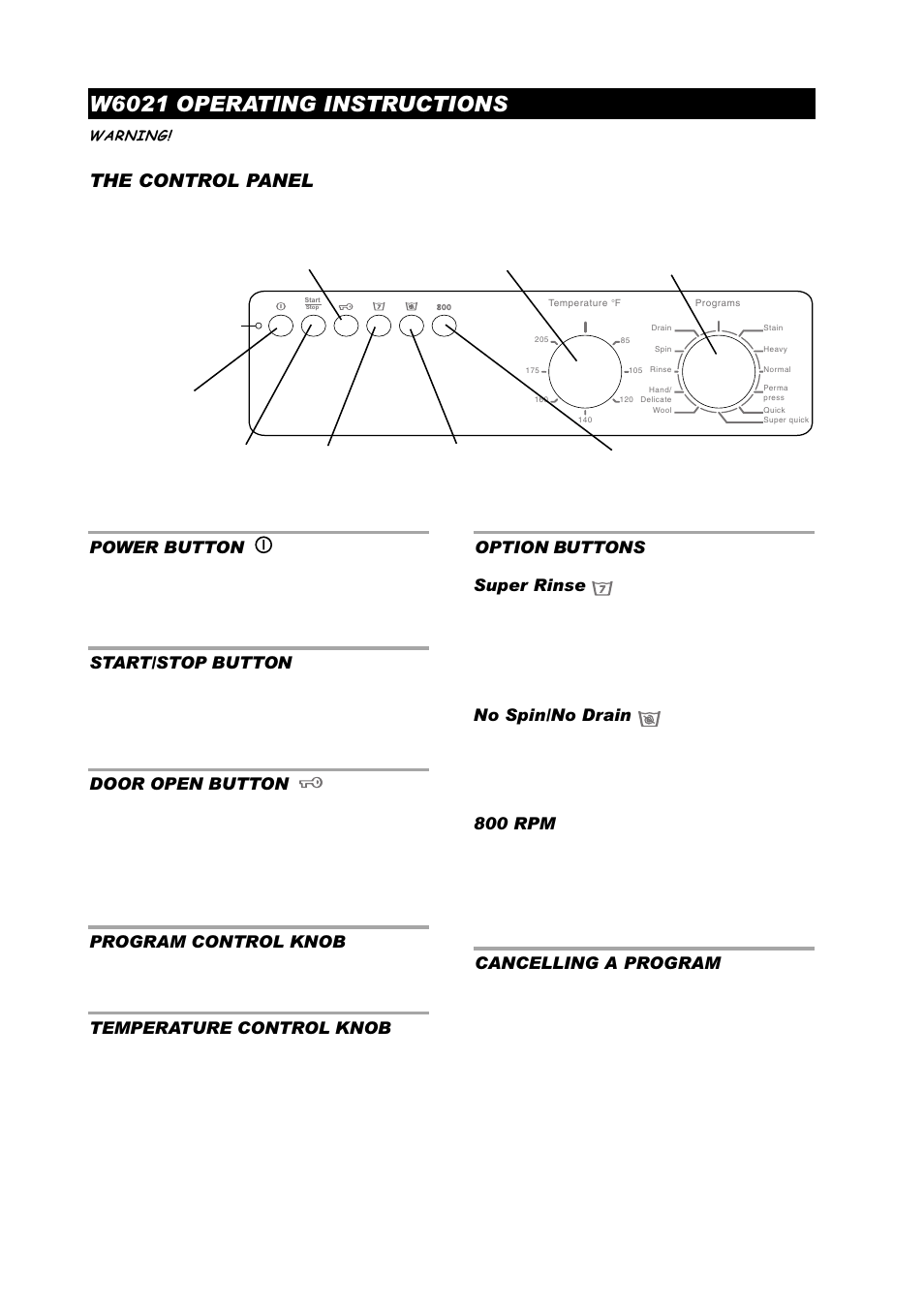 W6021 operating instructions, The control panel, Power button | Start/stop button, Door open button, Program control knob, Temperature control knob, Option buttons super rinse, No spin/no drain, 800 rpm | ASKO W6441 User Manual | Page 10 / 27