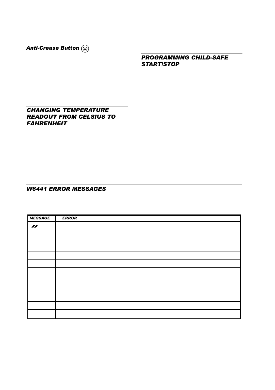 Programming child-safe start/stop, W6441 error messages | ASKO W6441 User Manual | Page 14 / 27