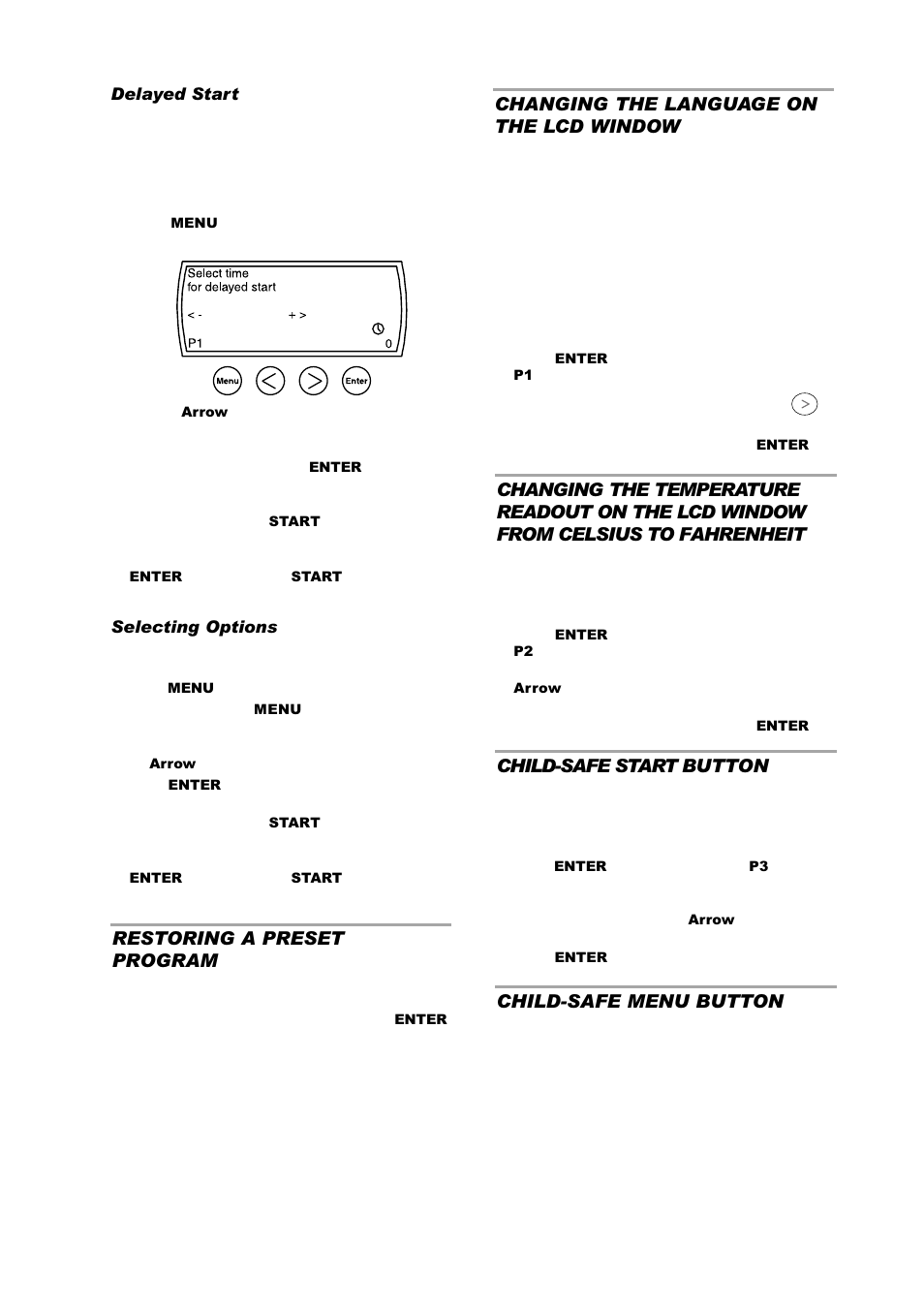 Child-safe start button, Child-safe menu button, Restoring a preset program | Changing the language on the lcd window | ASKO W6441 User Manual | Page 19 / 27