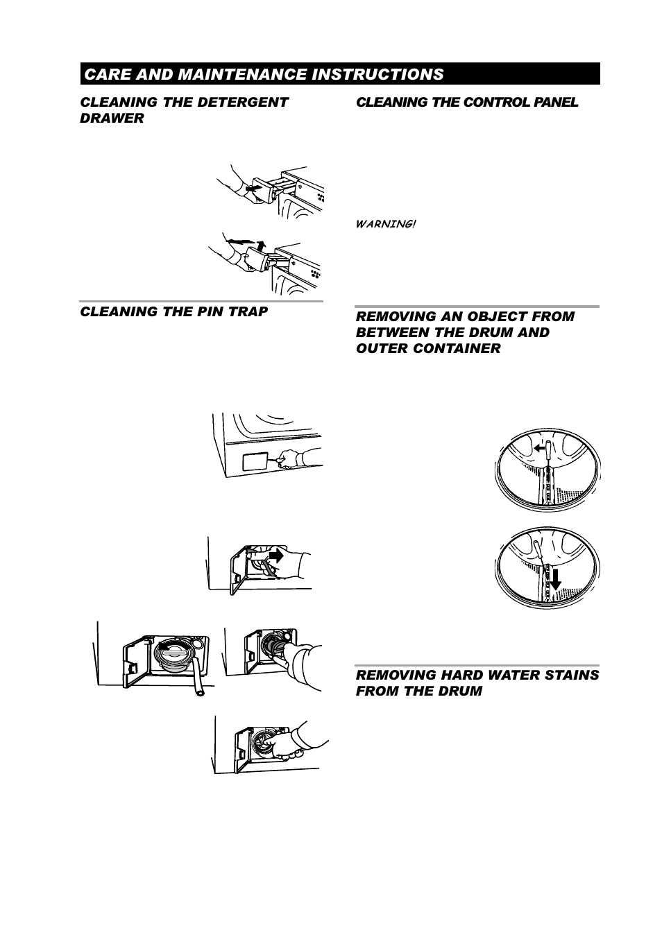 Care and maintenance instructions, Cleaning the detergent drawer, Cleaning the pin trap | Cleaning the control panel, Removing hard water stains from the drum | ASKO W6441 User Manual | Page 21 / 27