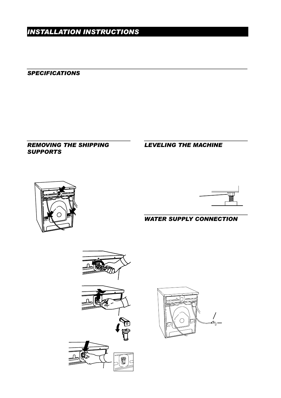 Accessories installation instructions, Specifications, Removing the shipping supports | Leveling the machine, Water supply connection | ASKO W6441 User Manual | Page 4 / 27