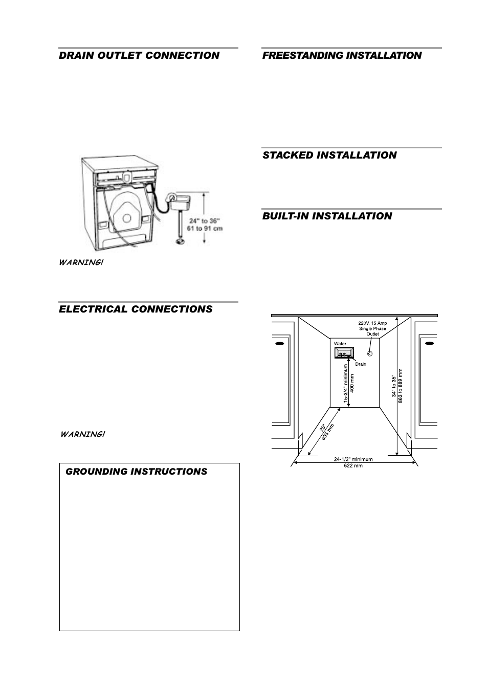 Electrical connections, Drain outlet connection, Freestanding installation | Stacked installation, Built-in installation | ASKO W6441 User Manual | Page 5 / 27