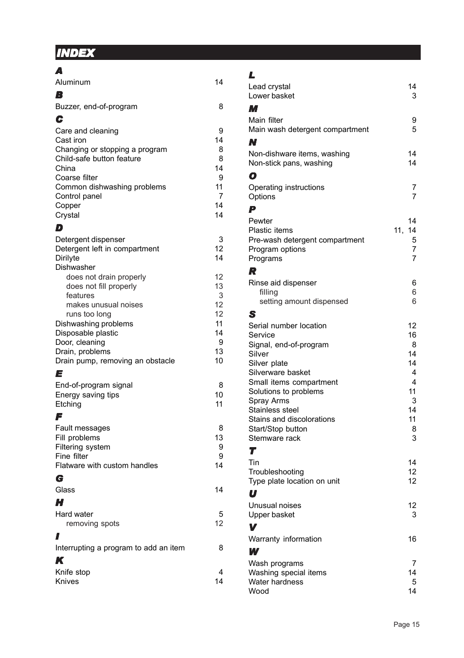 Index | ASKO D3451 User Manual | Page 15 / 16