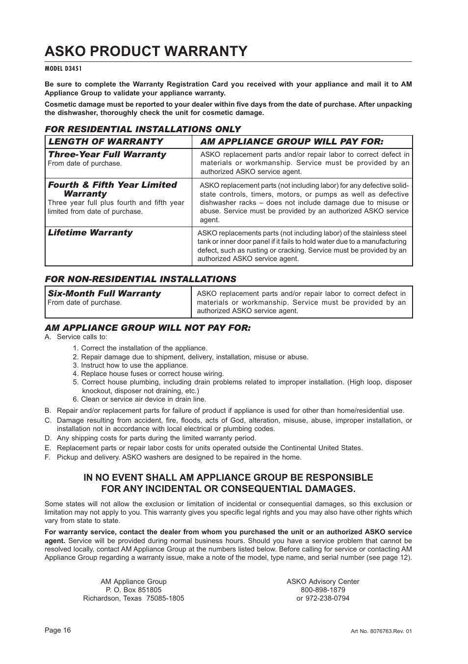 Asko product warranty | ASKO D3451 User Manual | Page 16 / 16