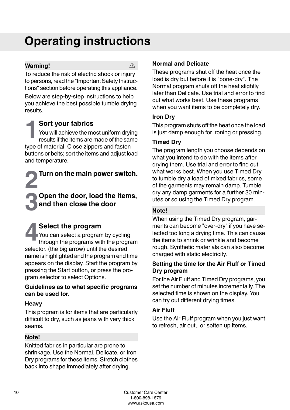 Operating instructions, Sort your fabrics, Turn on the main power switch | Select the program, Timed dry, Air fluff | ASKO T793 User Manual | Page 10 / 36