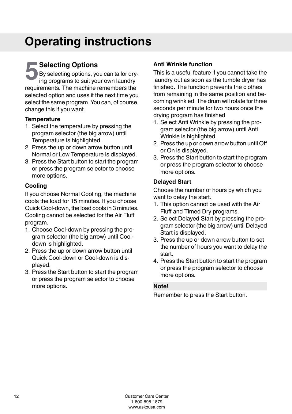 Selecting options, Temperature, Cooling | Anti wrinkle function, Delayed start, Operating instructions | ASKO T793 User Manual | Page 12 / 36