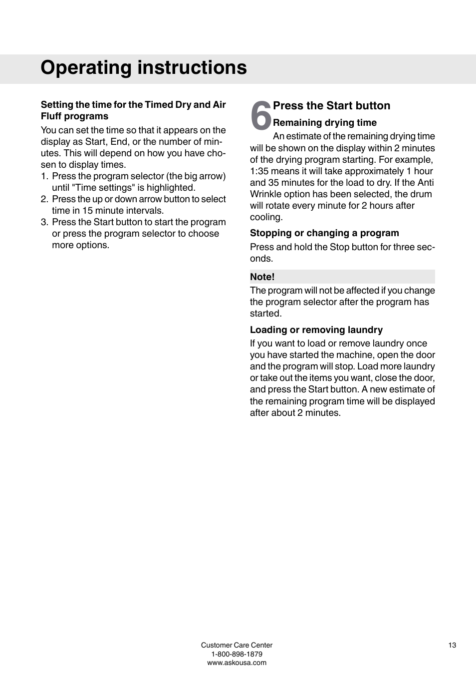 Press the start button, Remaining drying time, Stopping or changing a program | Loading or removing laundry, Operating instructions | ASKO T793 User Manual | Page 13 / 36