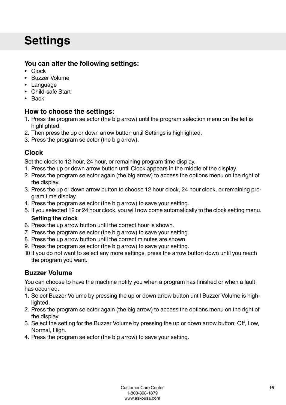 Settings, You can alter the following settings, How to choose the settings | Clock, Buzzer volume | ASKO T793 User Manual | Page 15 / 36