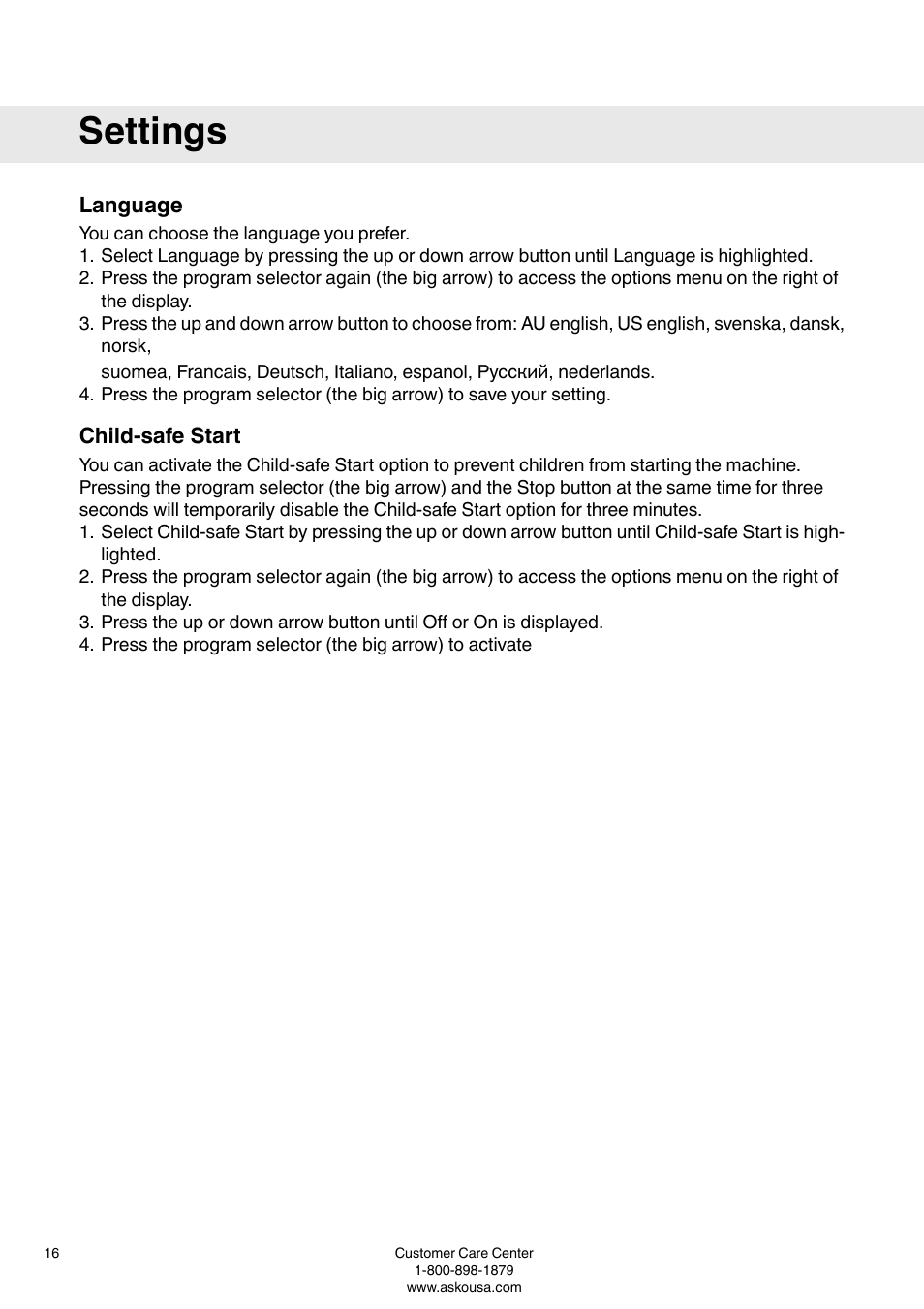 Language, Child-safe start, Settings | ASKO T793 User Manual | Page 16 / 36