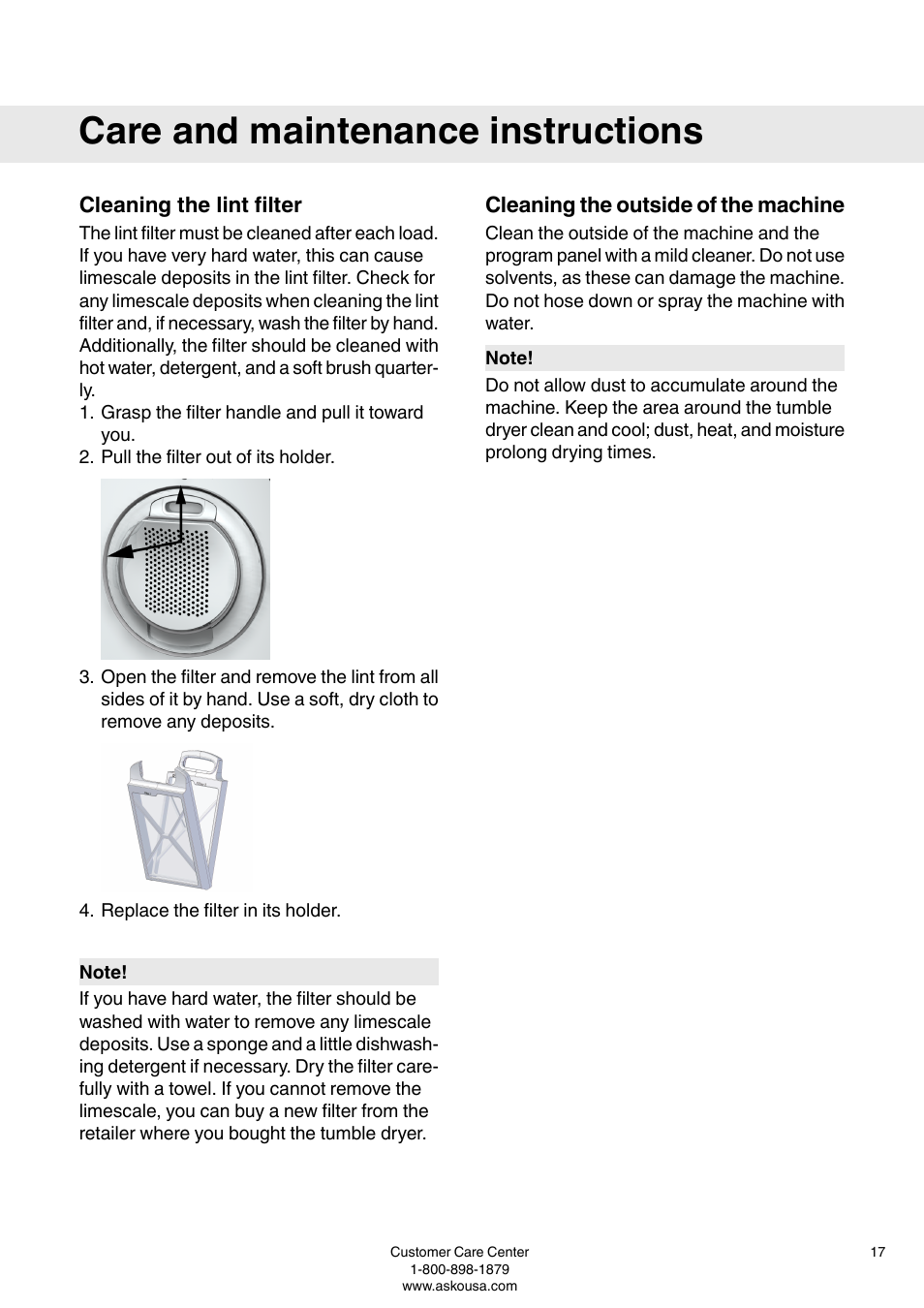 Care and maintenance instructions, Cleaning the lint filter, Cleaning the outside of the machine | ASKO T793 User Manual | Page 17 / 36