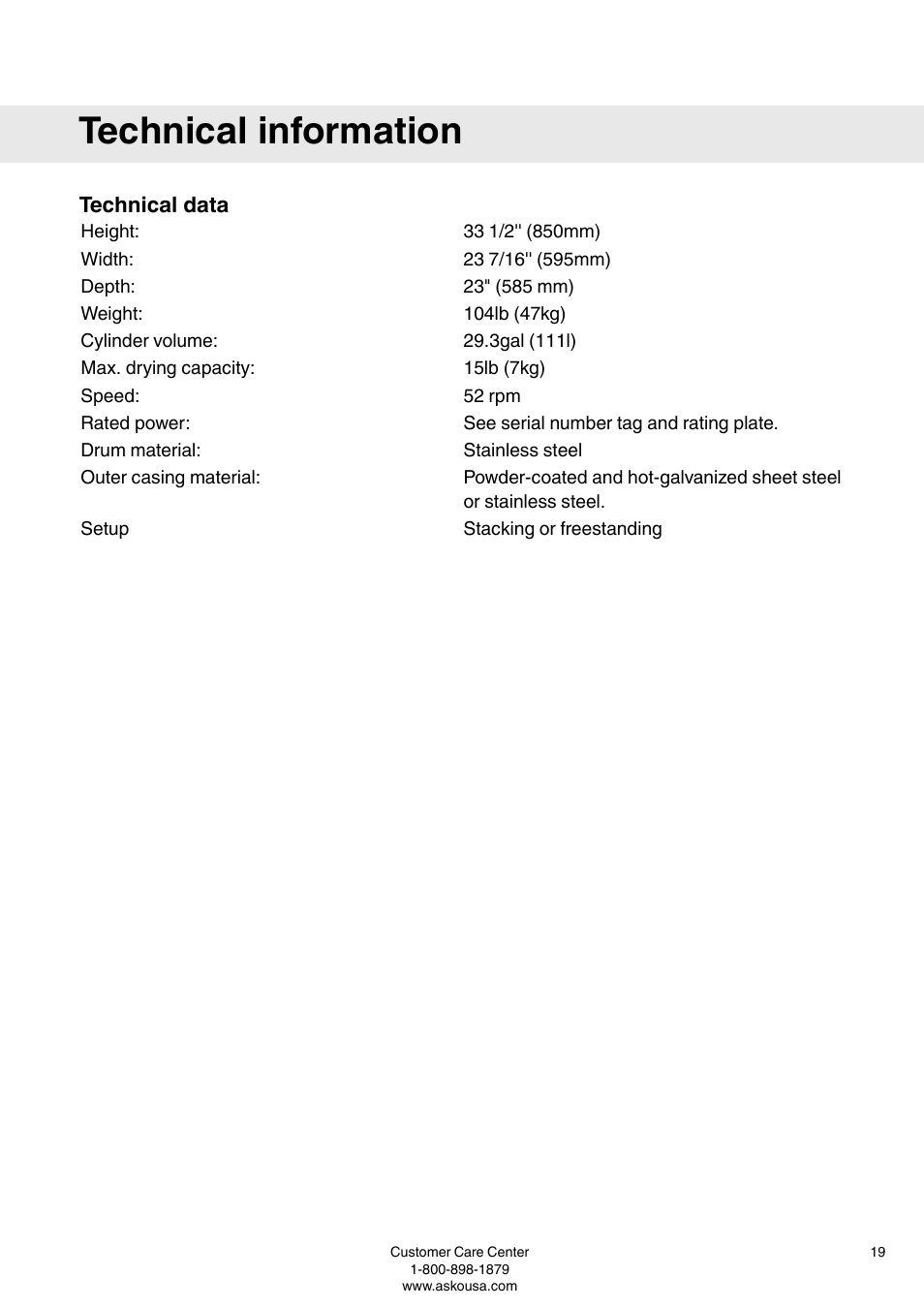 Technical information, Technical data | ASKO T793 User Manual | Page 19 / 36