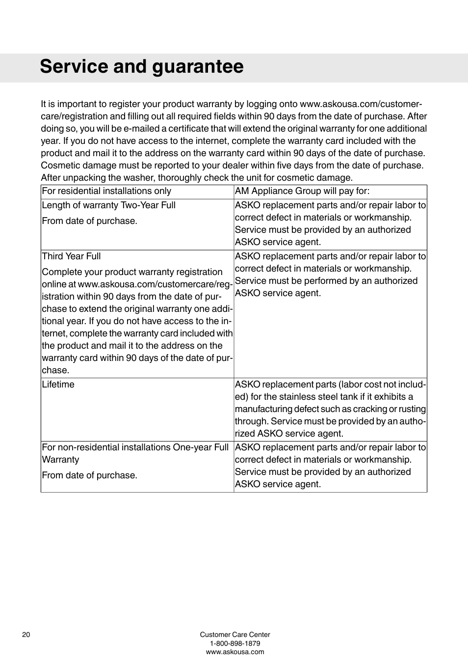 Service and guarantee | ASKO T793 User Manual | Page 20 / 36
