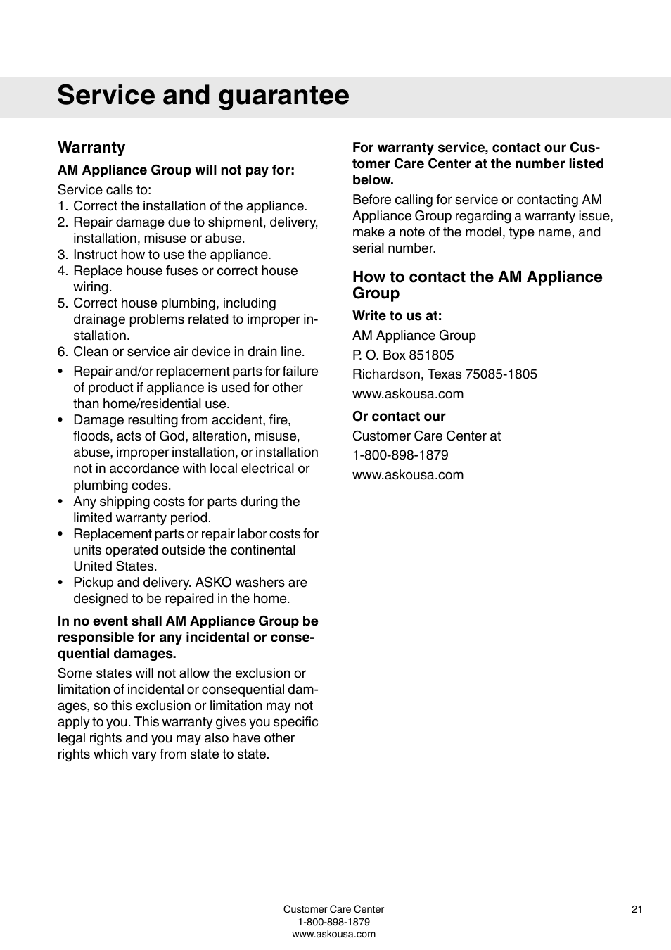 Warranty, Am appliance group will not pay for, How to contact the am appliance group | Write to us at, Or contact our, Service and guarantee | ASKO T793 User Manual | Page 21 / 36