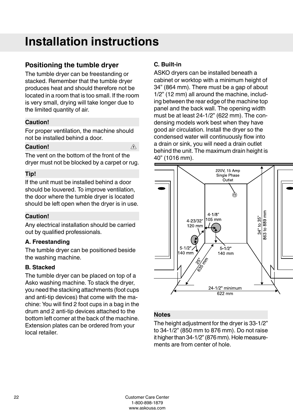 Installation instructions, Positioning the tumble dryer, A. freestanding | B. stacked, C. built-in | ASKO T793 User Manual | Page 22 / 36