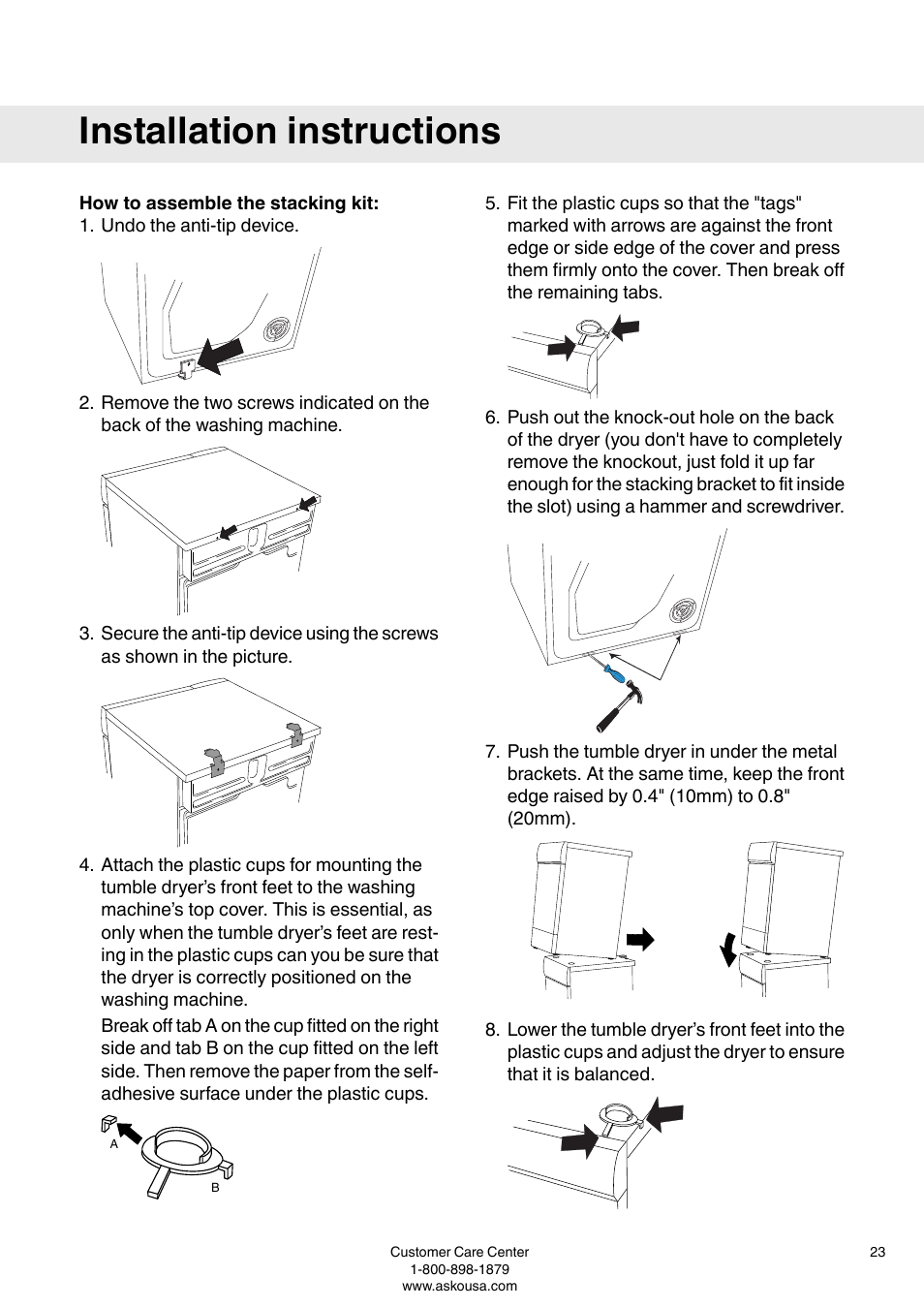 How to assemble the stacking kit, Installation instructions | ASKO T793 User Manual | Page 23 / 36
