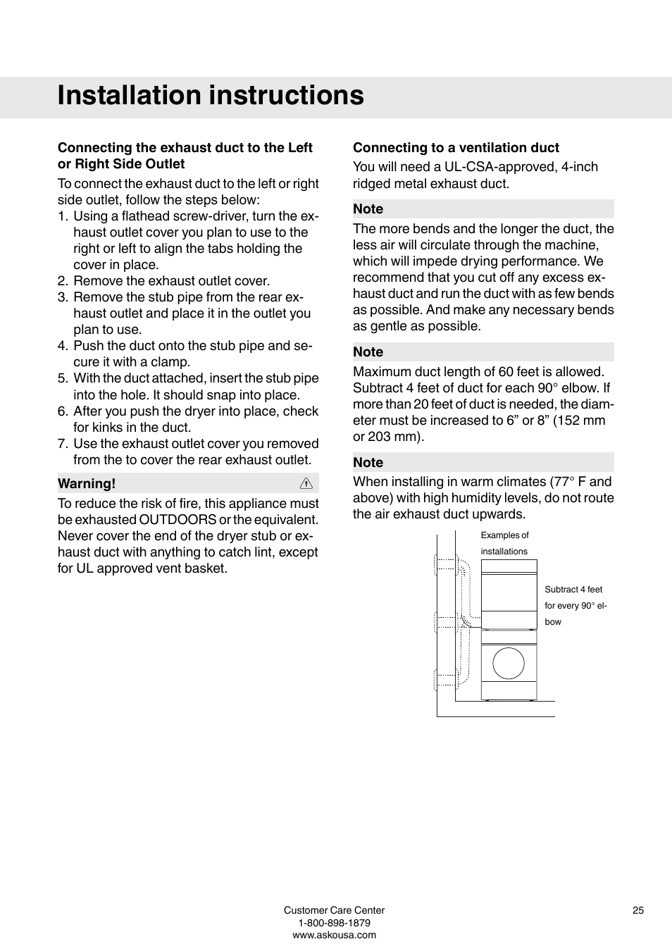 Connecting to a ventilation duct, Installation instructions | ASKO T793 User Manual | Page 25 / 36