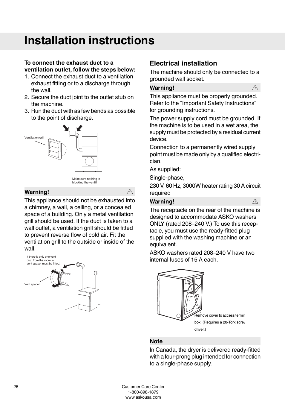 Electrical installation, Installation instructions | ASKO T793 User Manual | Page 26 / 36