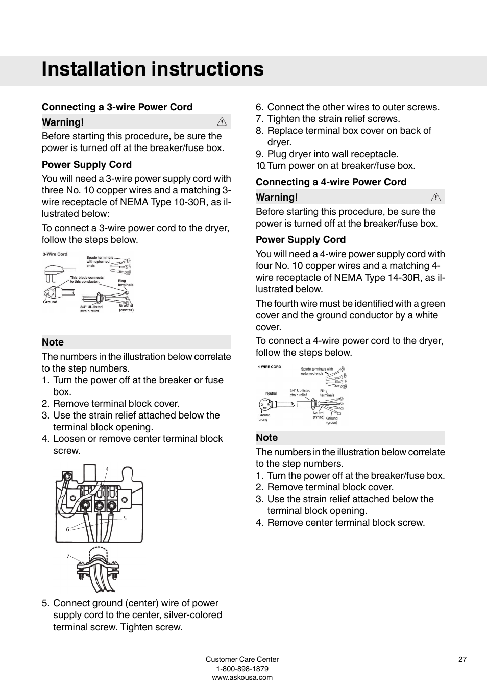 Connecting a 3-wire power cord, Power supply cord, Connecting a 4-wire power cord | Installation instructions | ASKO T793 User Manual | Page 27 / 36