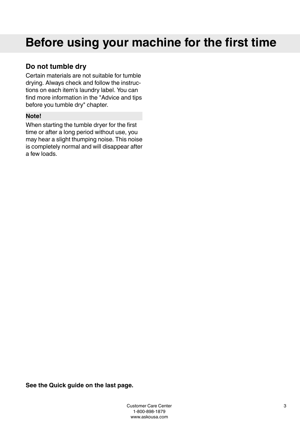 Before using your machine for the first time, Do not tumble dry | ASKO T793 User Manual | Page 3 / 36