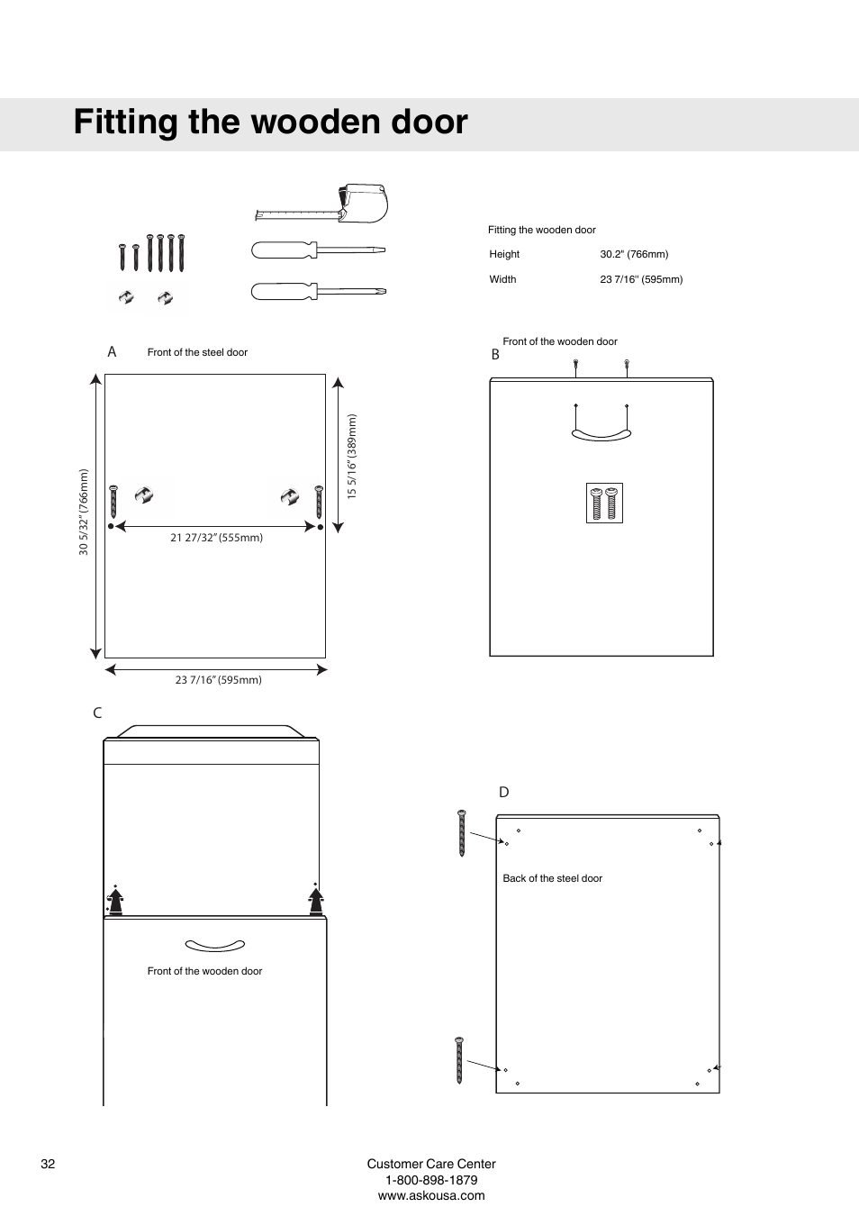 Fitting the wooden door | ASKO T793 User Manual | Page 32 / 36