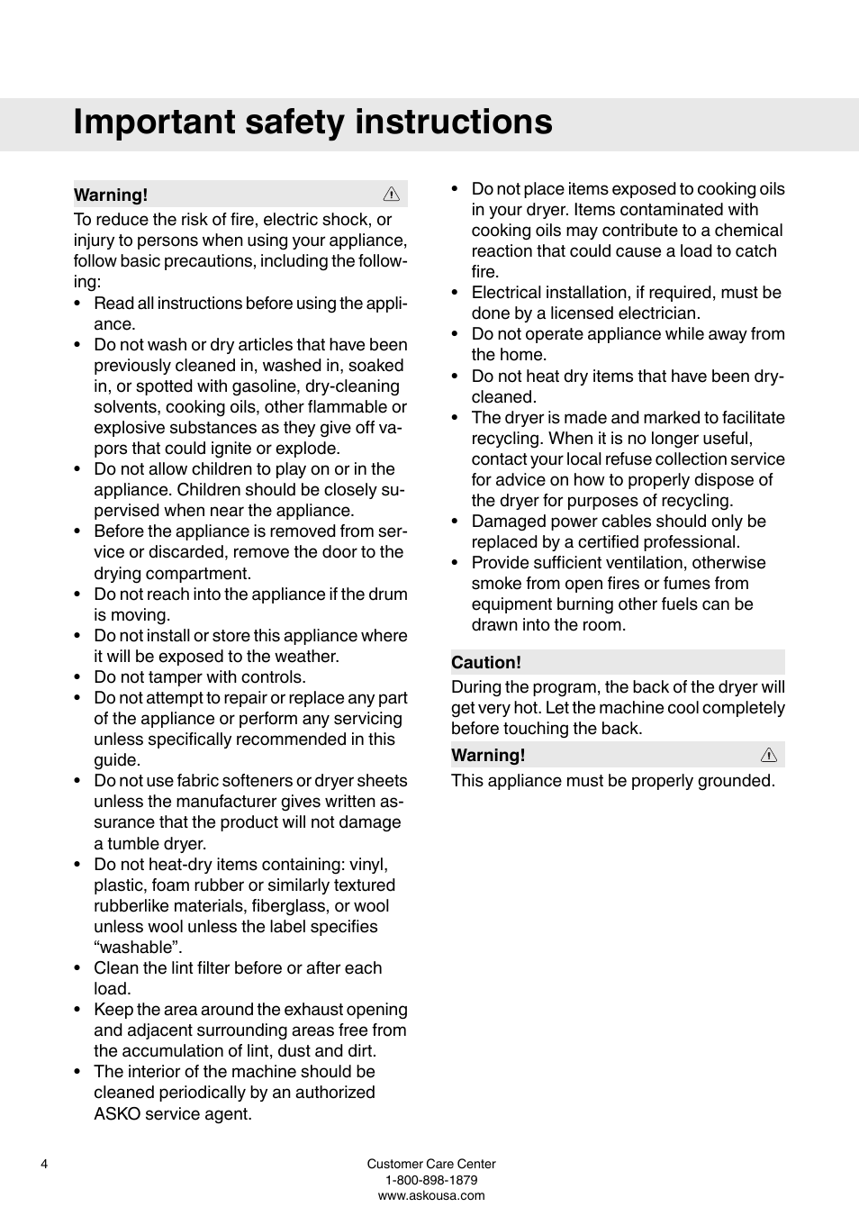 Important safety instructions | ASKO T793 User Manual | Page 4 / 36