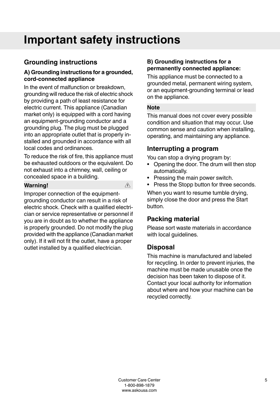 Grounding instructions, Interrupting a program, Packing material | Disposal, Important safety instructions | ASKO T793 User Manual | Page 5 / 36