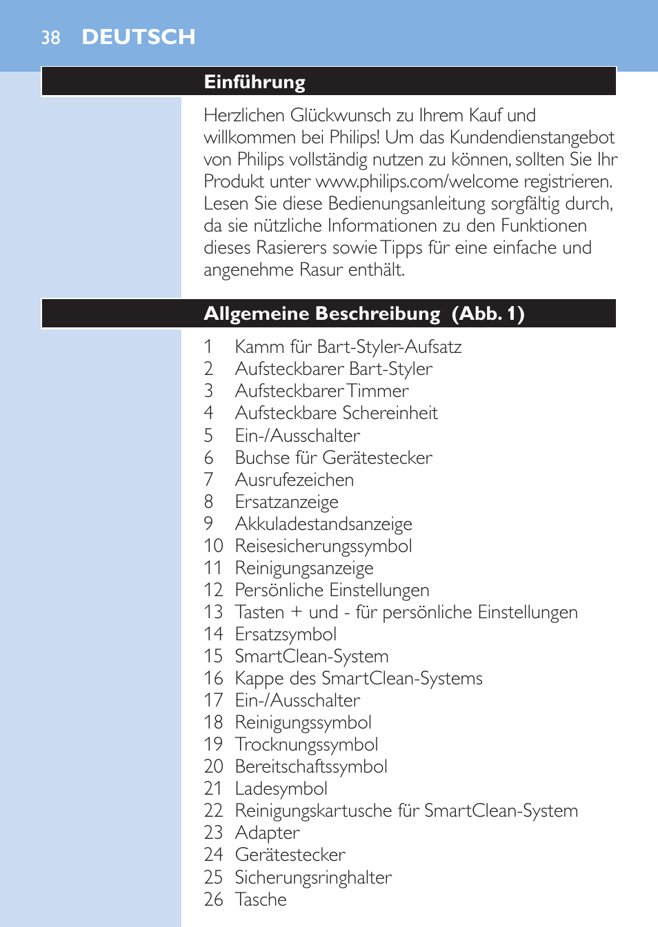 Deutsch, Deutsch 38 | Philips SHAVER Series 9000 Nass- und Trockenrasierer User Manual | Page 38 / 170