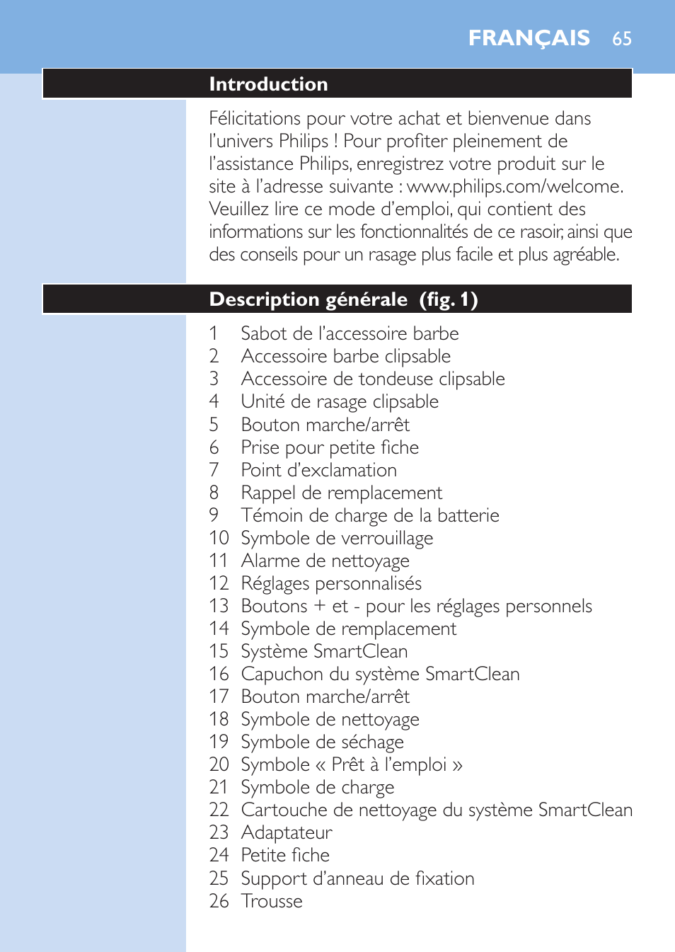 Français | Philips SHAVER Series 9000 Nass- und Trockenrasierer User Manual | Page 65 / 170