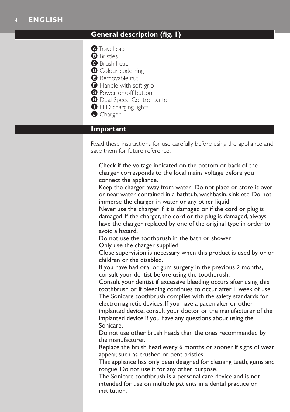 English 4 | Philips Sonicare e-Series Standard-Bürstenkopf für Schallzahnbürste User Manual | Page 4 / 64