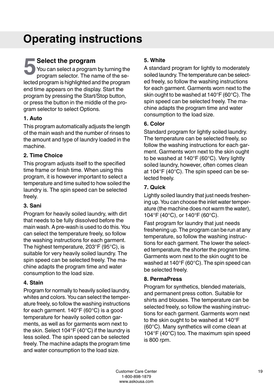 Select the program, Operating instructions | ASKO W6903 User Manual | Page 19 / 44