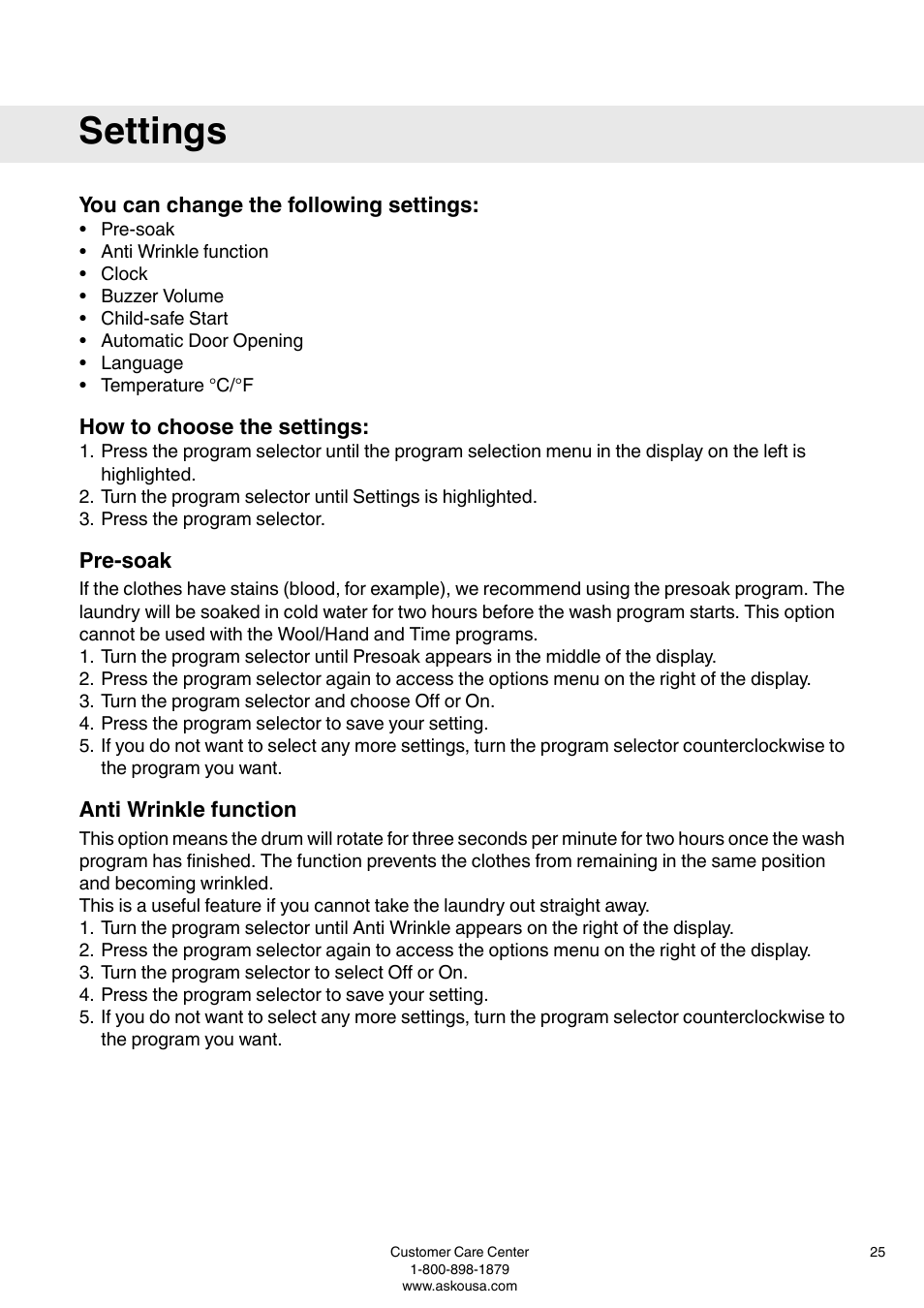 Settings, You can change the following settings, How to choose the settings | Pre-soak, Anti wrinkle function | ASKO W6903 User Manual | Page 25 / 44