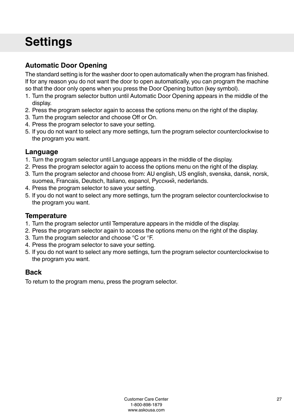 Automatic door opening, Language, Temperature | Back, Settings | ASKO W6903 User Manual | Page 27 / 44