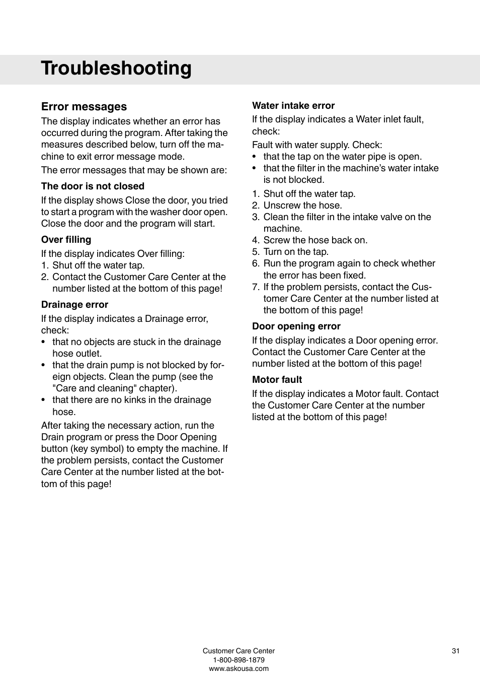 Error messages, The door is not closed, Over filling | Drainage error, Water intake error, Door opening error, Motor fault, Troubleshooting | ASKO W6903 User Manual | Page 31 / 44