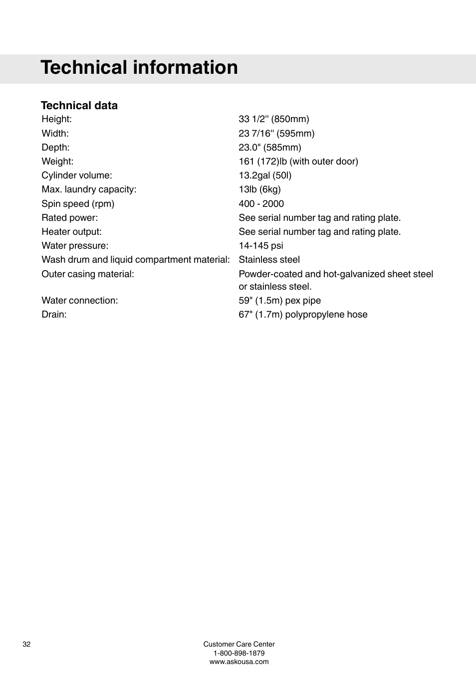 Technical information, Technical data | ASKO W6903 User Manual | Page 32 / 44