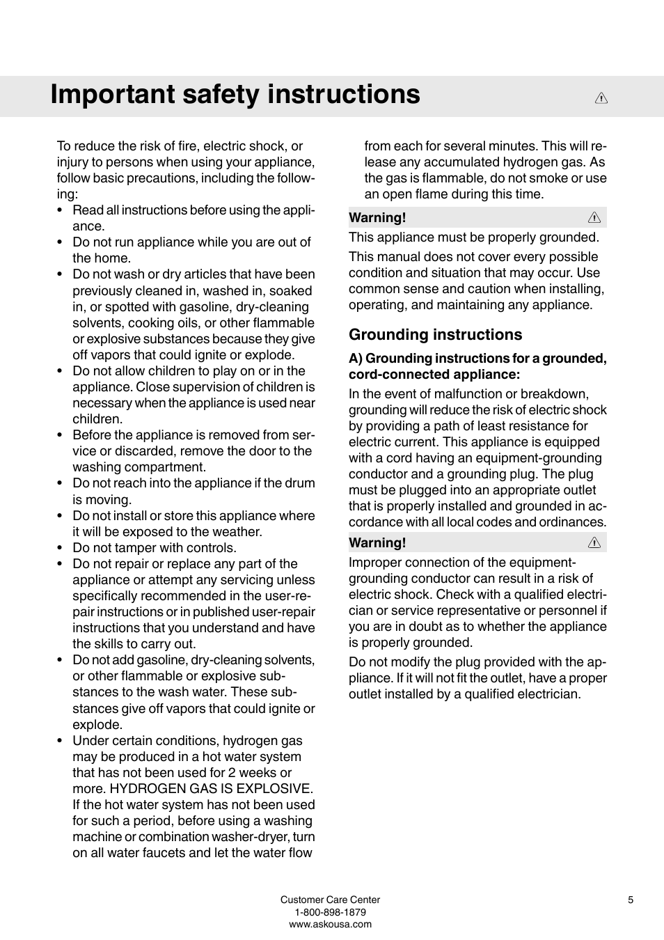 Important safety instructions, Grounding instructions | ASKO W6903 User Manual | Page 5 / 44