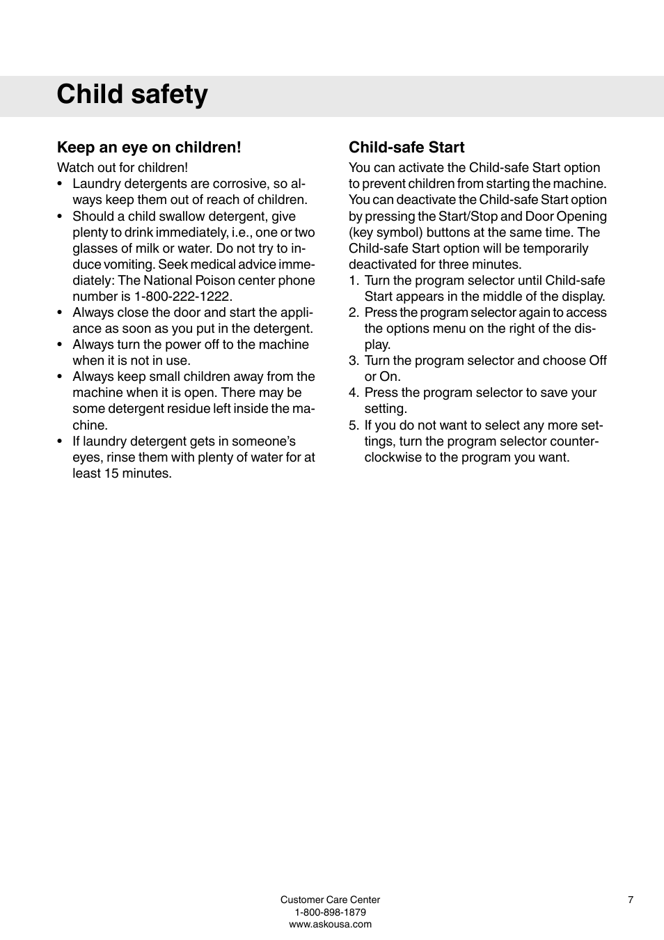Child safety, Keep an eye on children, Child-safe start | ASKO W6903 User Manual | Page 7 / 44