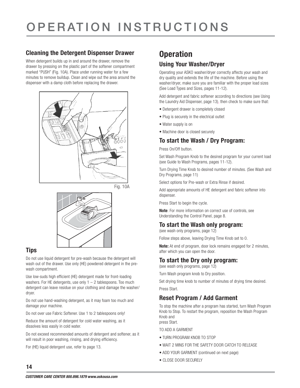Operation, Cleaning the detergent dispenser drawer, Tips | Using your washer/dryer, Reset program / add garment | ASKO WCAM 1812 User Manual | Page 14 / 20