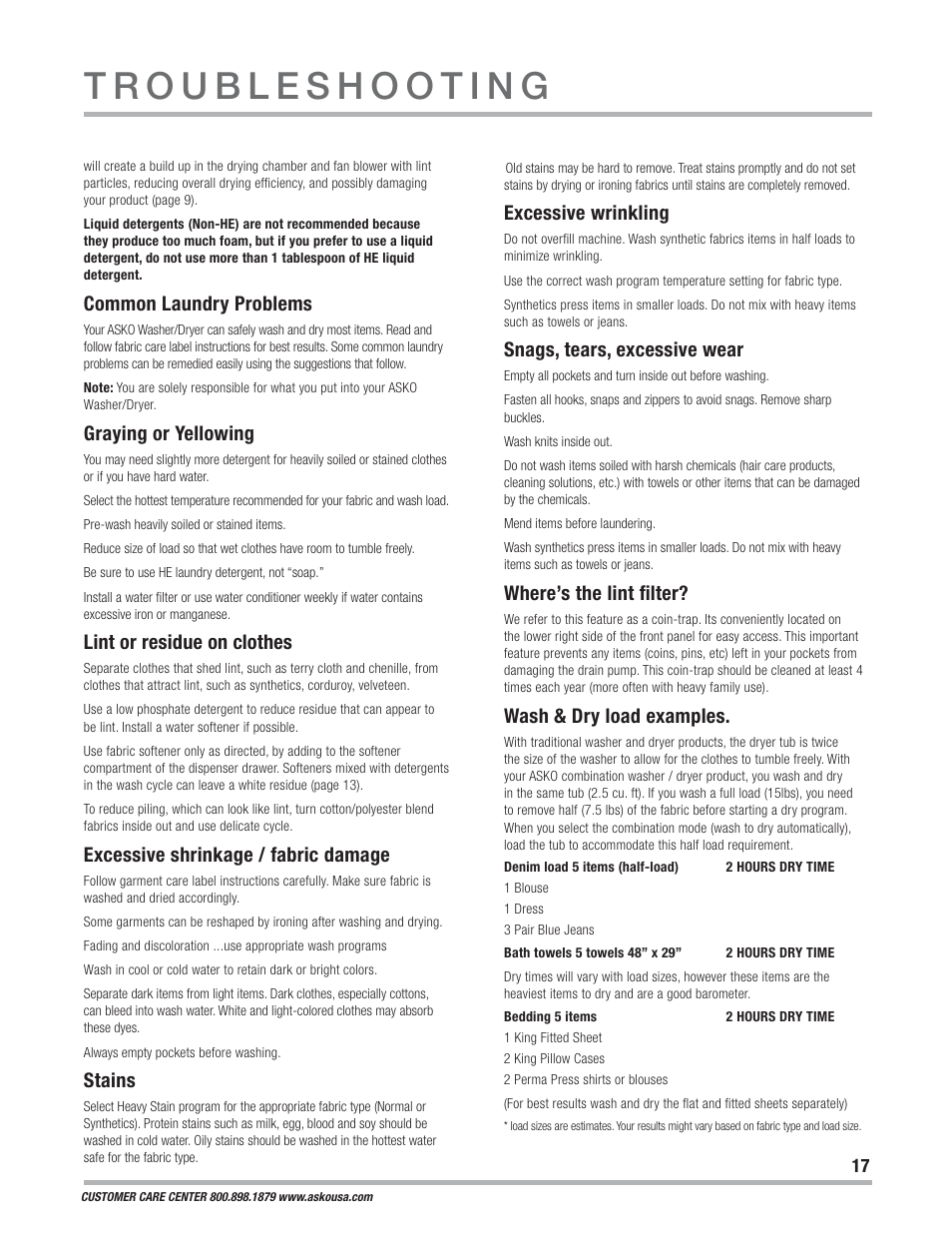 Common laundry problems, Graying or yellowing, Lint or residue on clothes | Excessive shrinkage / fabric damage, Stains, Excessive wrinkling, Snags, tears, excessive wear, Where’s the lint filter, Wash & dry load examples | ASKO WCAM 1812 User Manual | Page 17 / 20