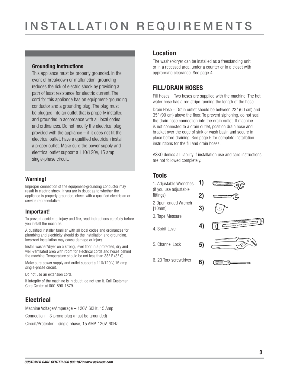 Electrical, Location, Fill/drain hoses | Tools | ASKO WCAM 1812 User Manual | Page 3 / 20