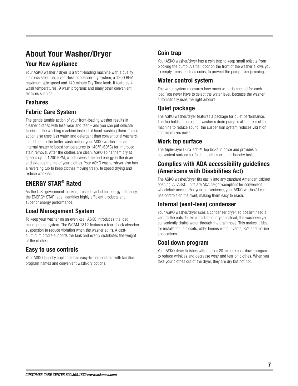 About your washer/dryer | ASKO WCAM 1812 User Manual | Page 7 / 20