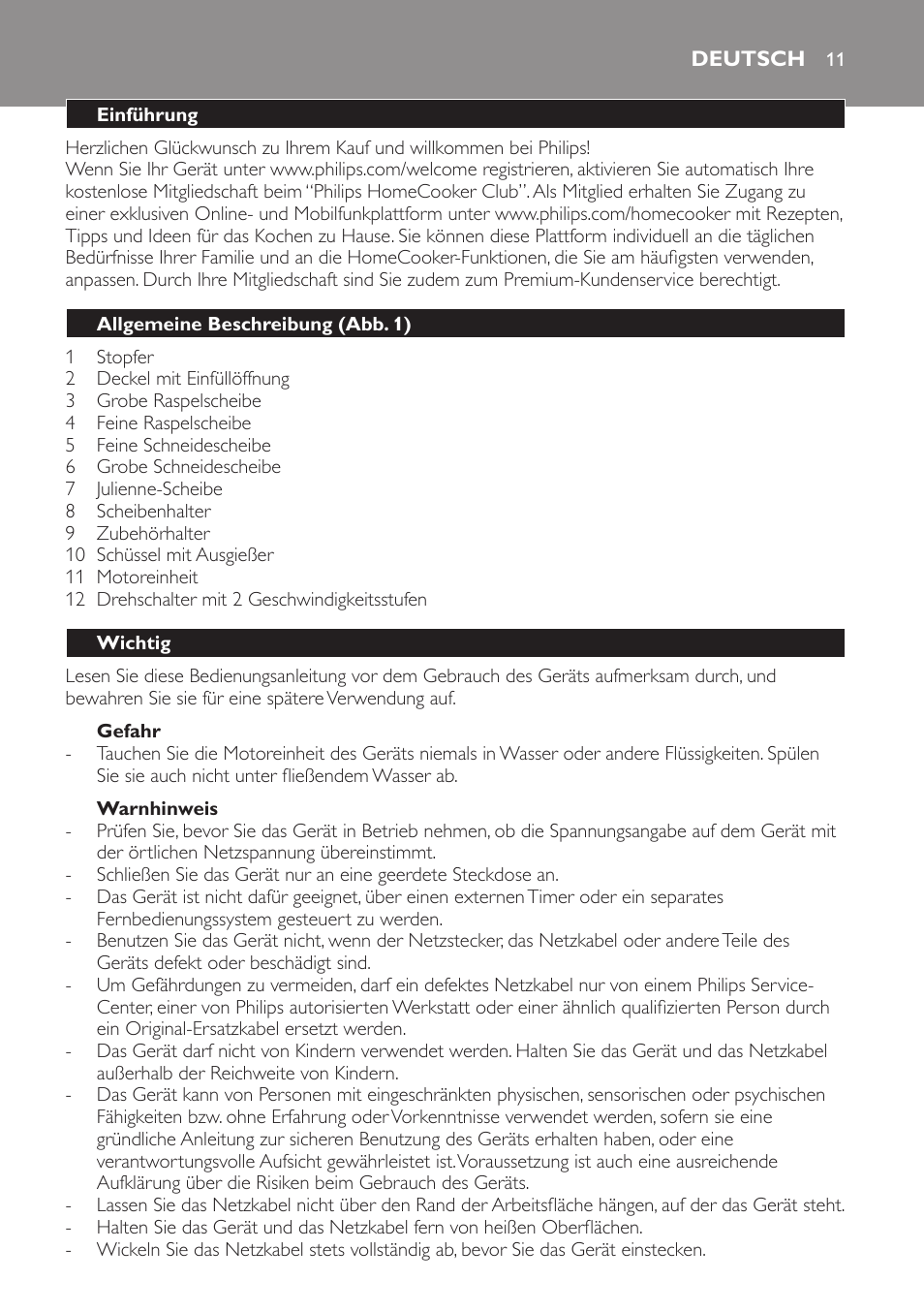 Deutsch, Deutsch 11 | Philips Jamie Oliver Schneideturm User Manual | Page 11 / 52