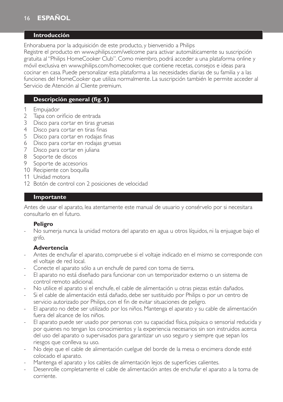 Español, Español 16 | Philips Jamie Oliver Schneideturm User Manual | Page 16 / 52