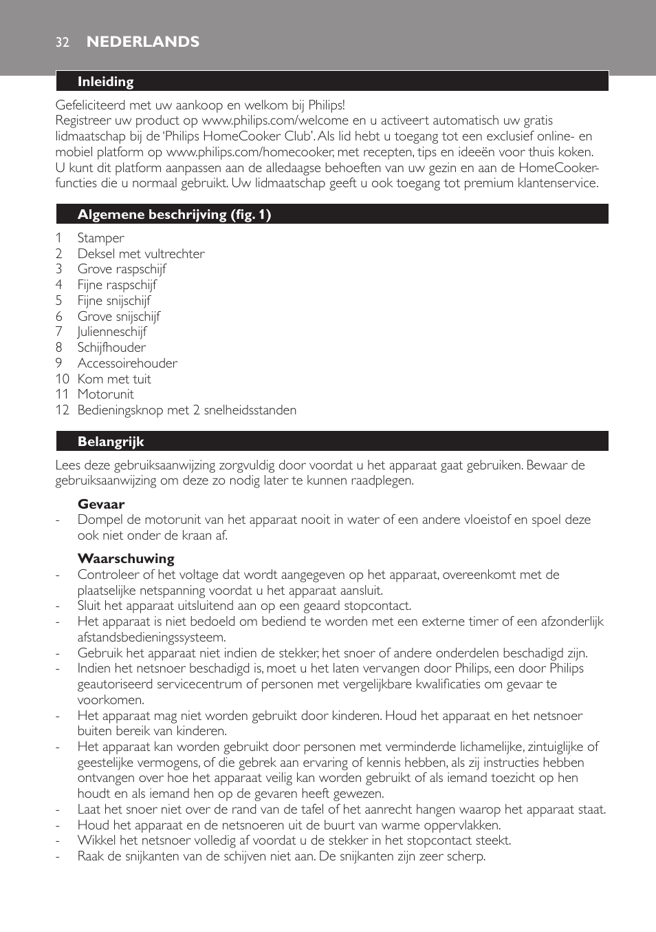 Nederlands, Nederlands 32 | Philips Jamie Oliver Schneideturm User Manual | Page 32 / 52