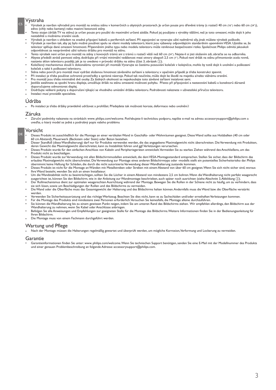 Výstraha, Údržba, Záruka | Vorsicht, Wartung und pflege, Garantie | Philips Wandhalterung für LCD-Fernseher User Manual | Page 3 / 20