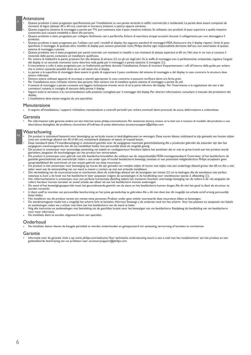 Attenzione, Manutenzione, Garanzia | Waarschuwing, Onderhoud, Garantie | Philips Wandhalterung für LCD-Fernseher User Manual | Page 6 / 20