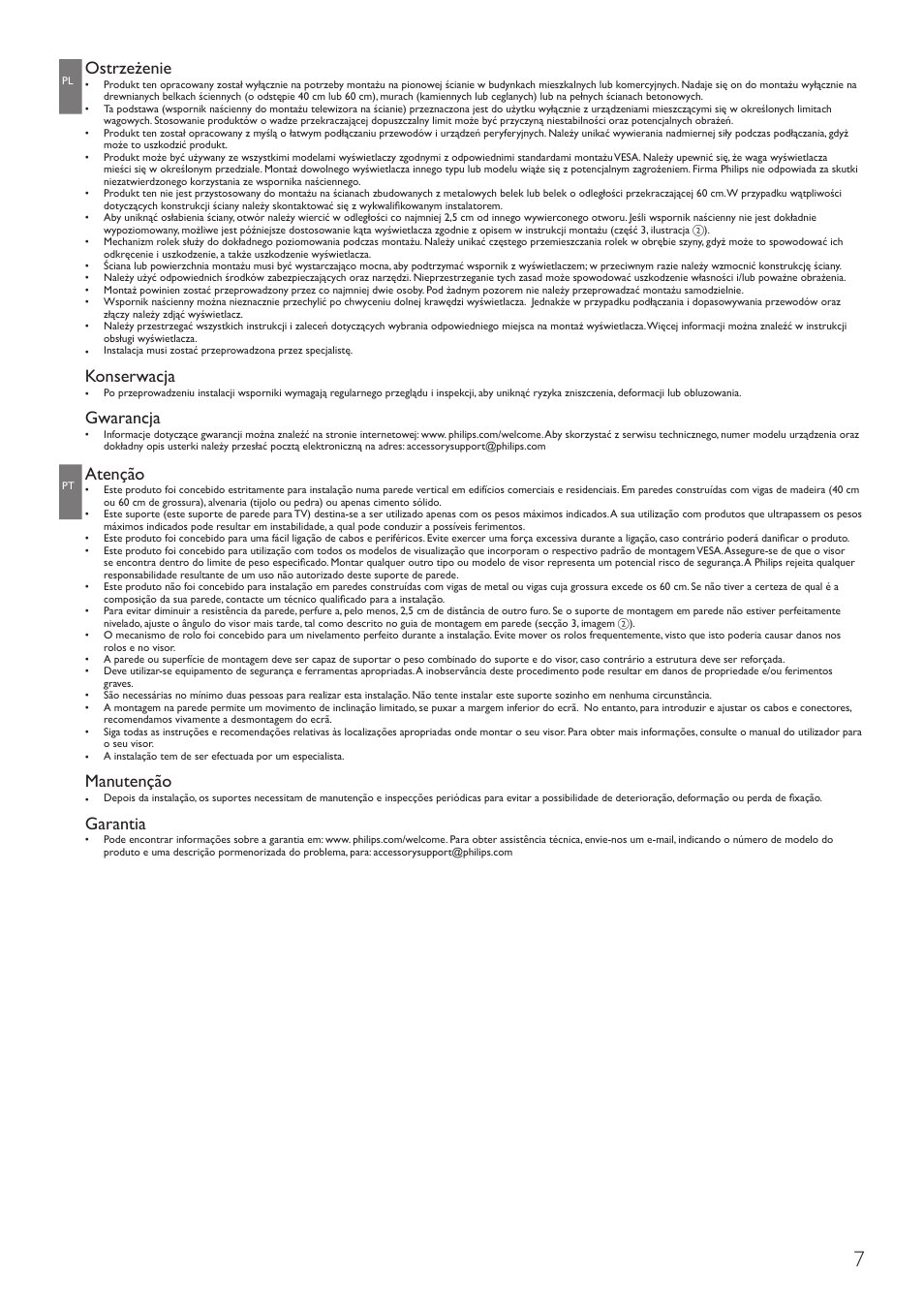 Ostrzeżenie, Konserwacja, Gwarancja | Atenção, Manutenção, Garantia | Philips Wandhalterung für LCD-Fernseher User Manual | Page 7 / 20