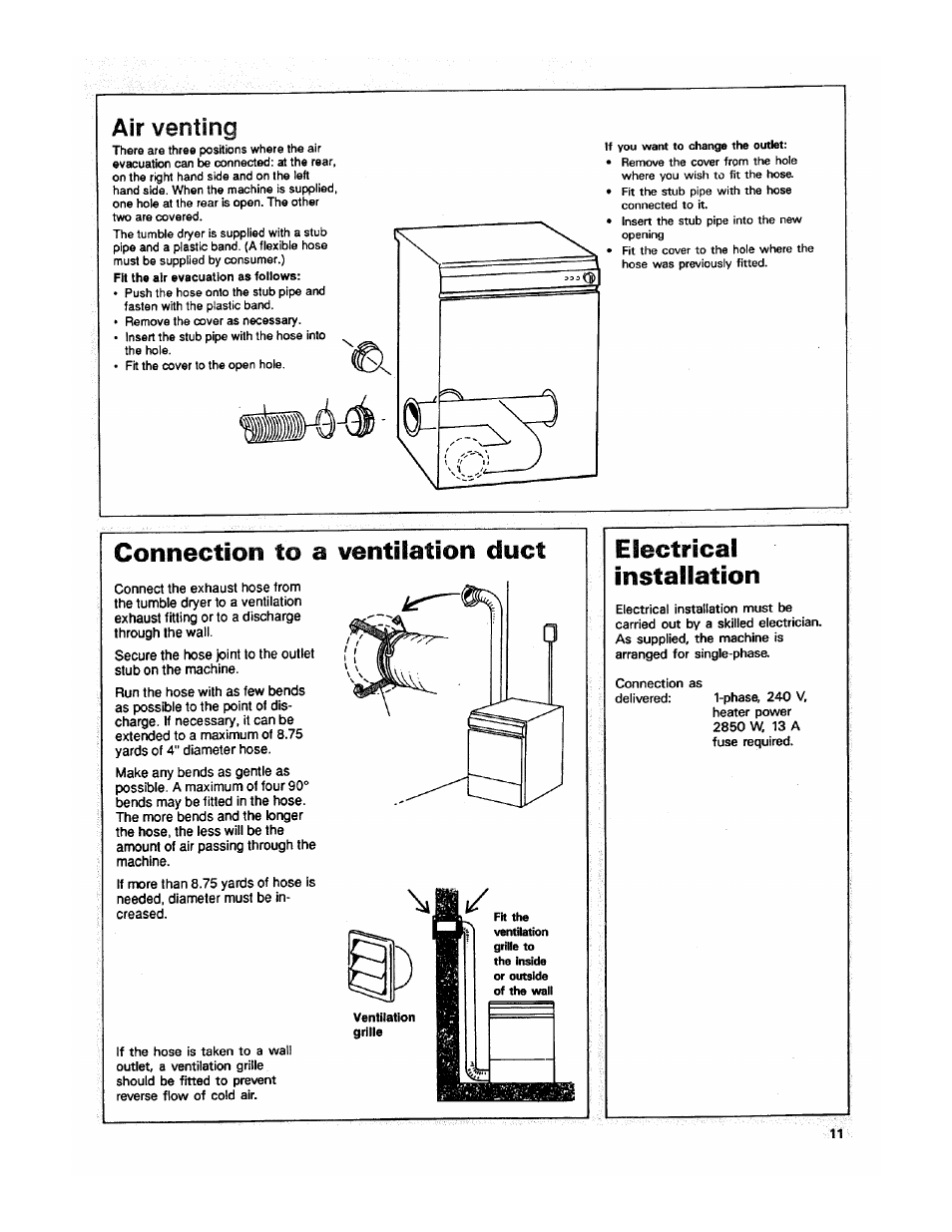Air venting, Venting, Connection to a ventilation duct | Electrical installation | ASKO 7003 User Manual | Page 11 / 12