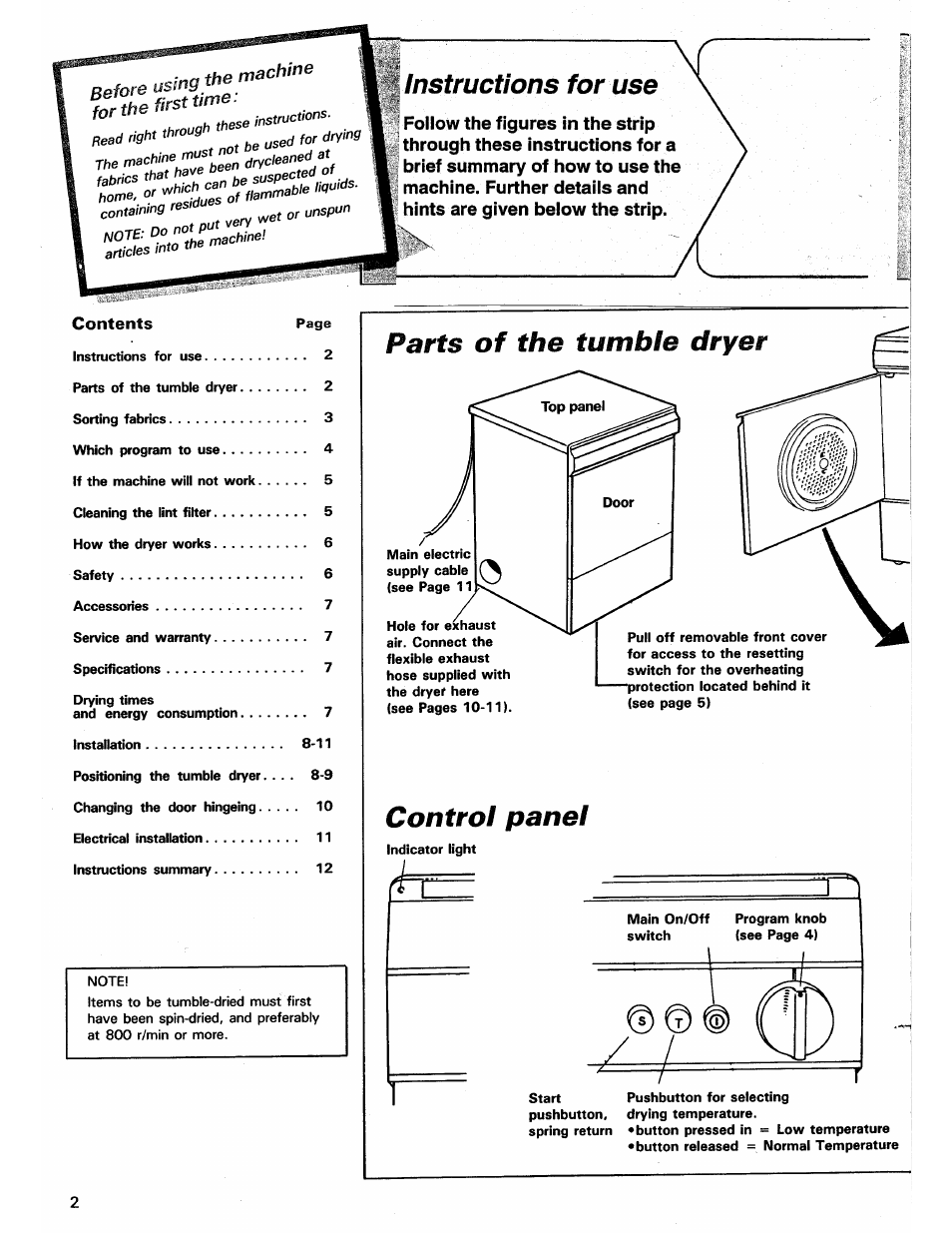 Instructions for use, Parts of the tumble dryer, Control panel | Before using, Mach.ne | ASKO 7003 User Manual | Page 2 / 12